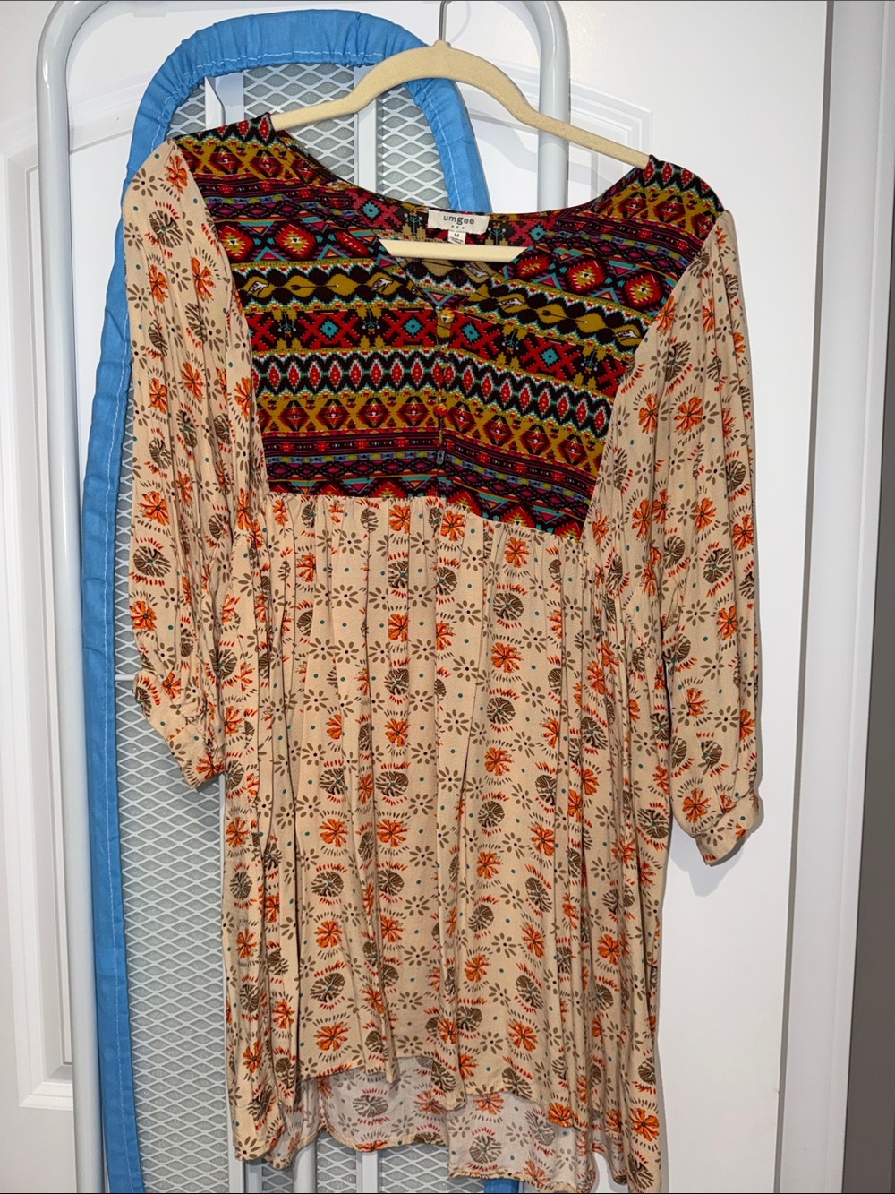 Umgee Boho Beige Dress with Multicolor Embroidered Yoke